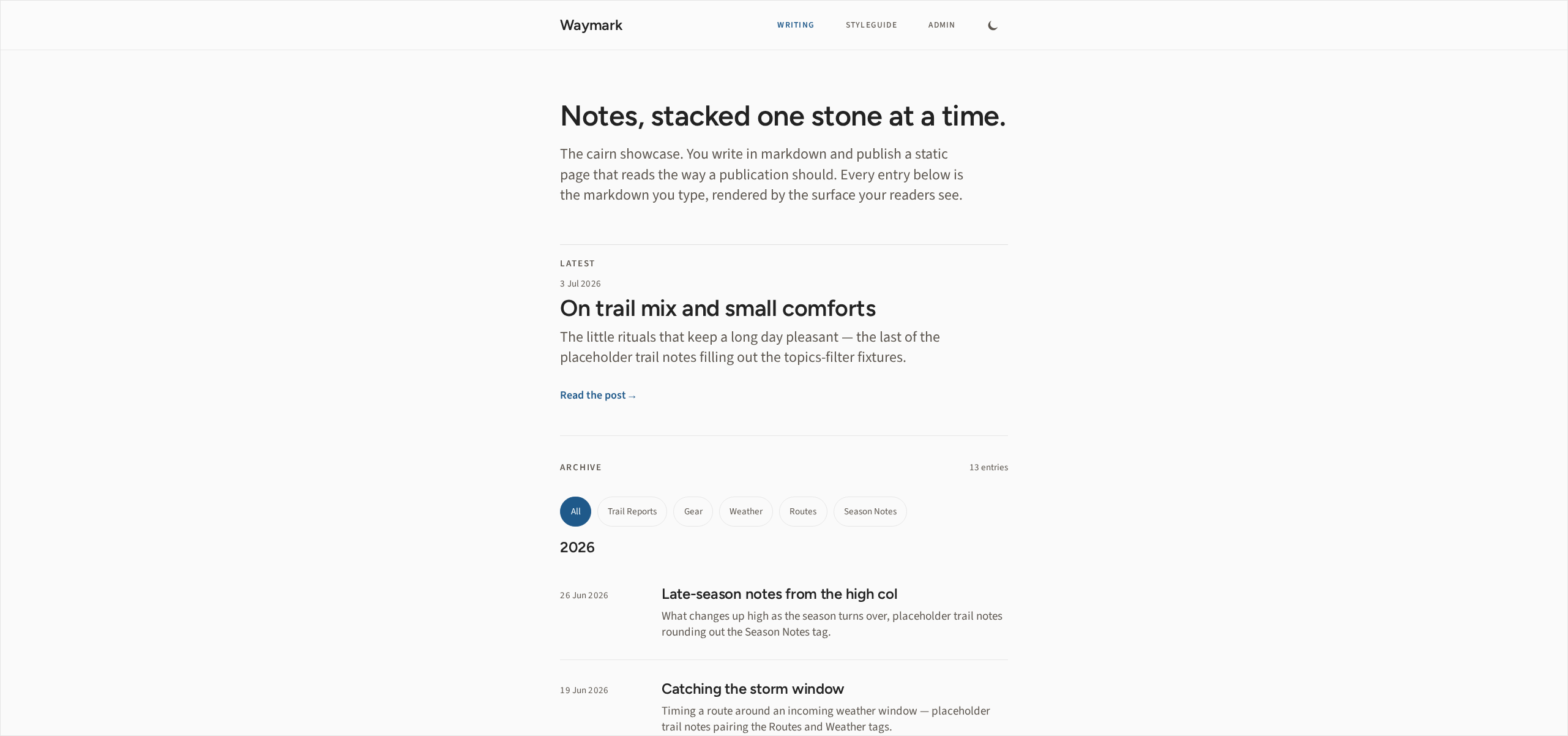 The neutral Waymark template's home page composed at an ultra-wide width.