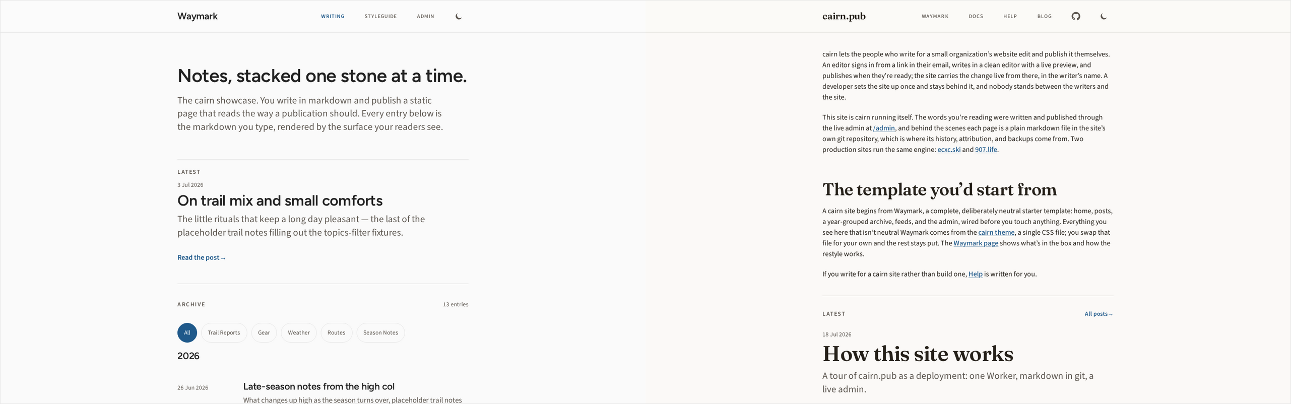 The neutral Waymark home beside the same page wearing the cairn theme.