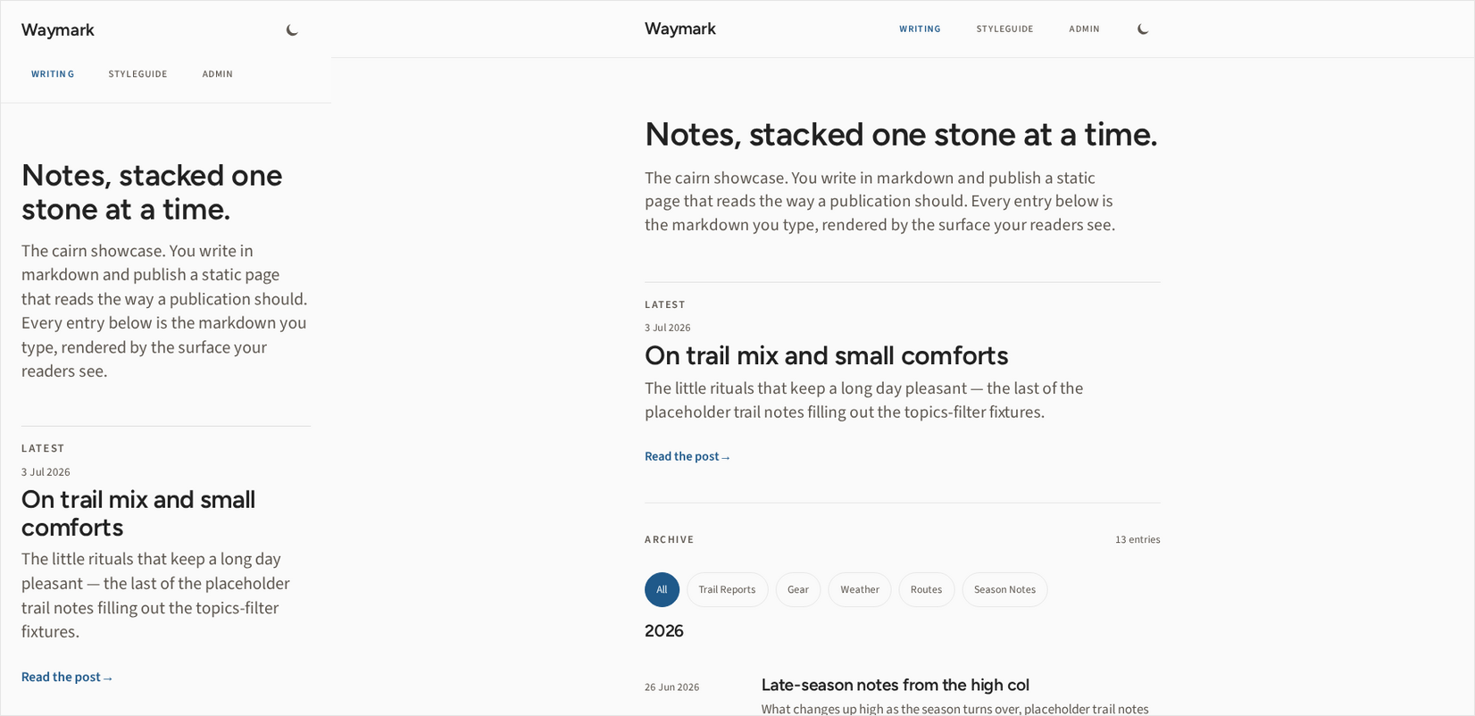 The neutral Waymark template's home page shown at a phone width and a desktop width.